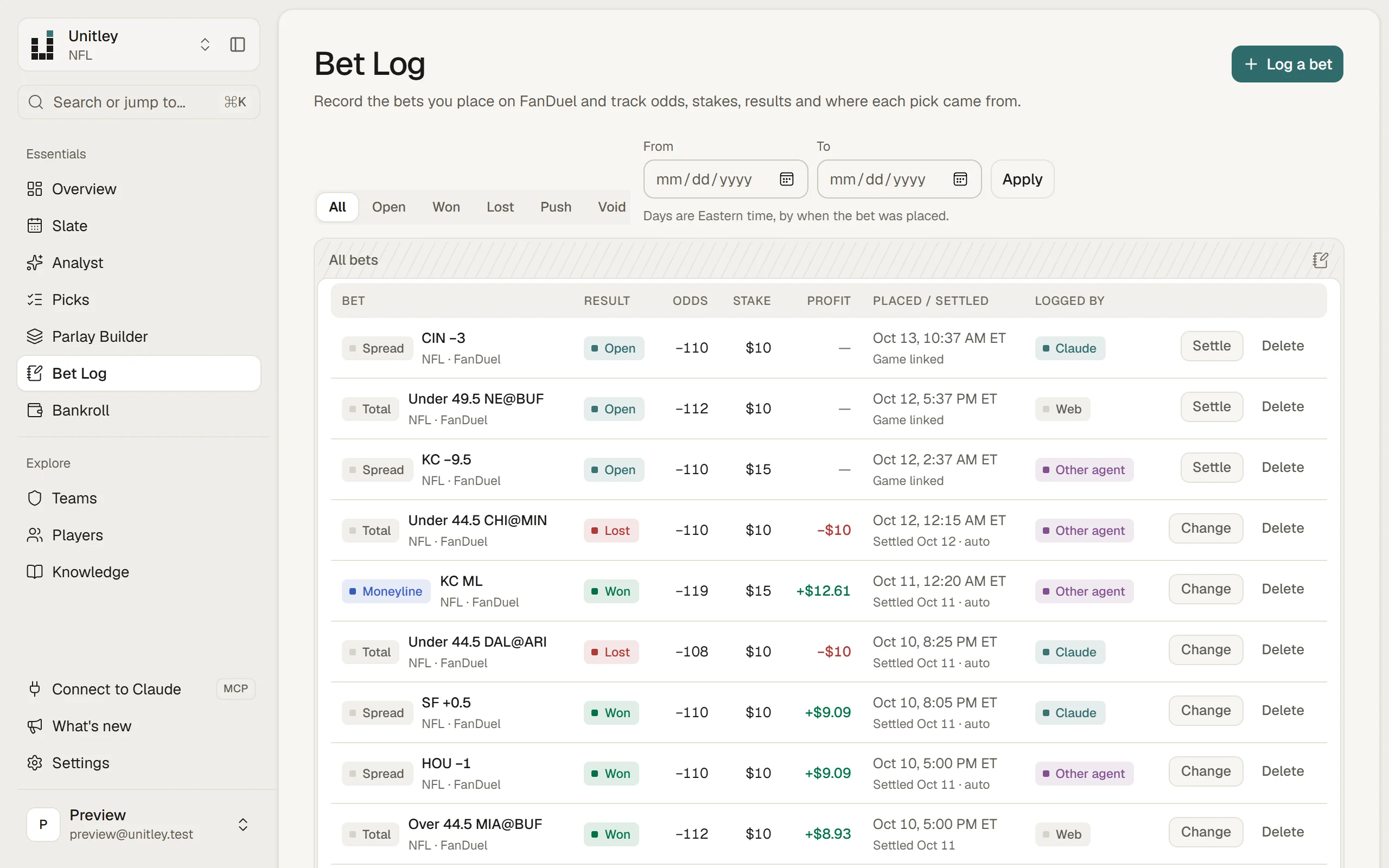The Bet Log: record, ROI and units, with each bet's result