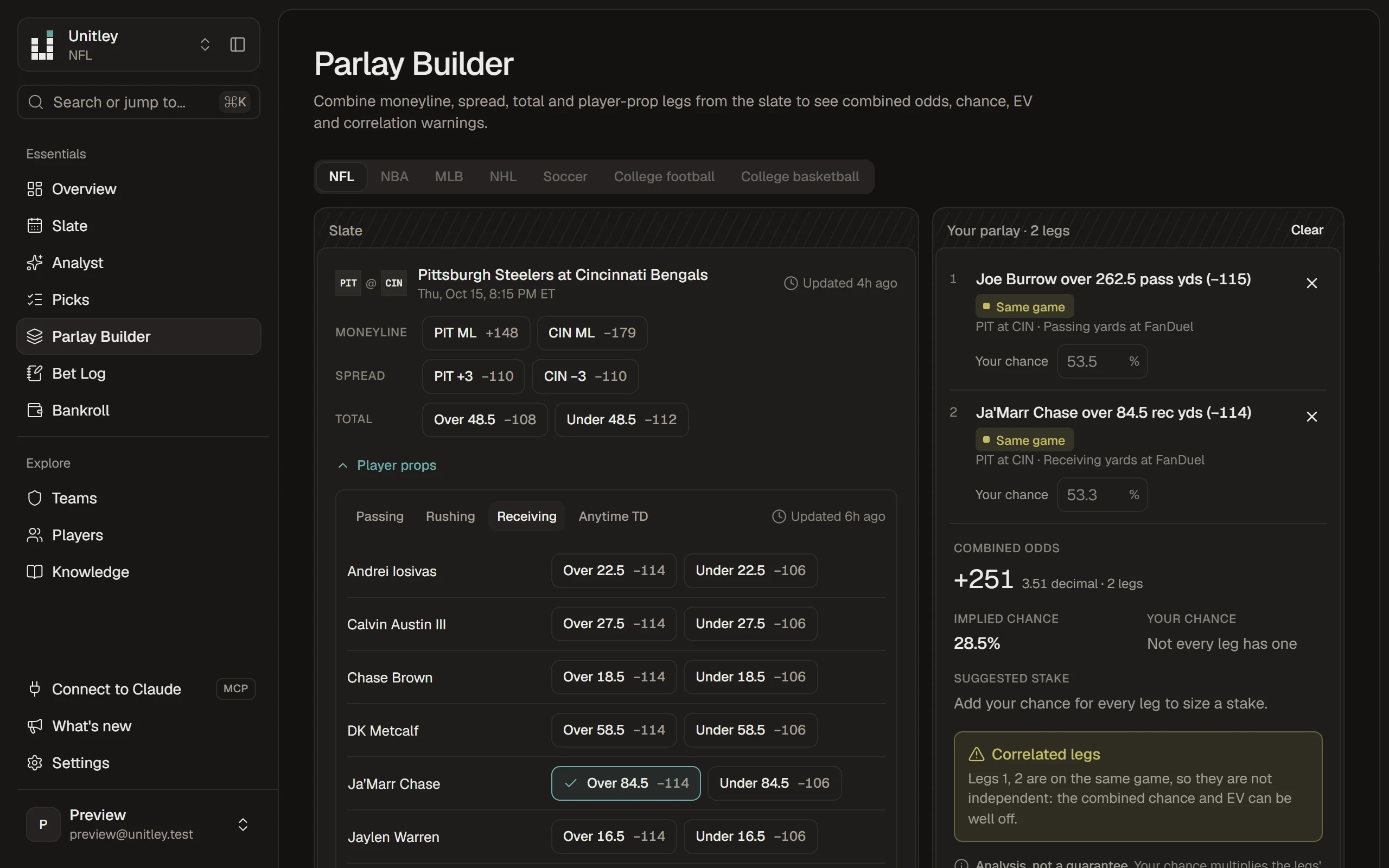 The Parlay Builder with two player-prop legs: combined odds, chance per leg and EV