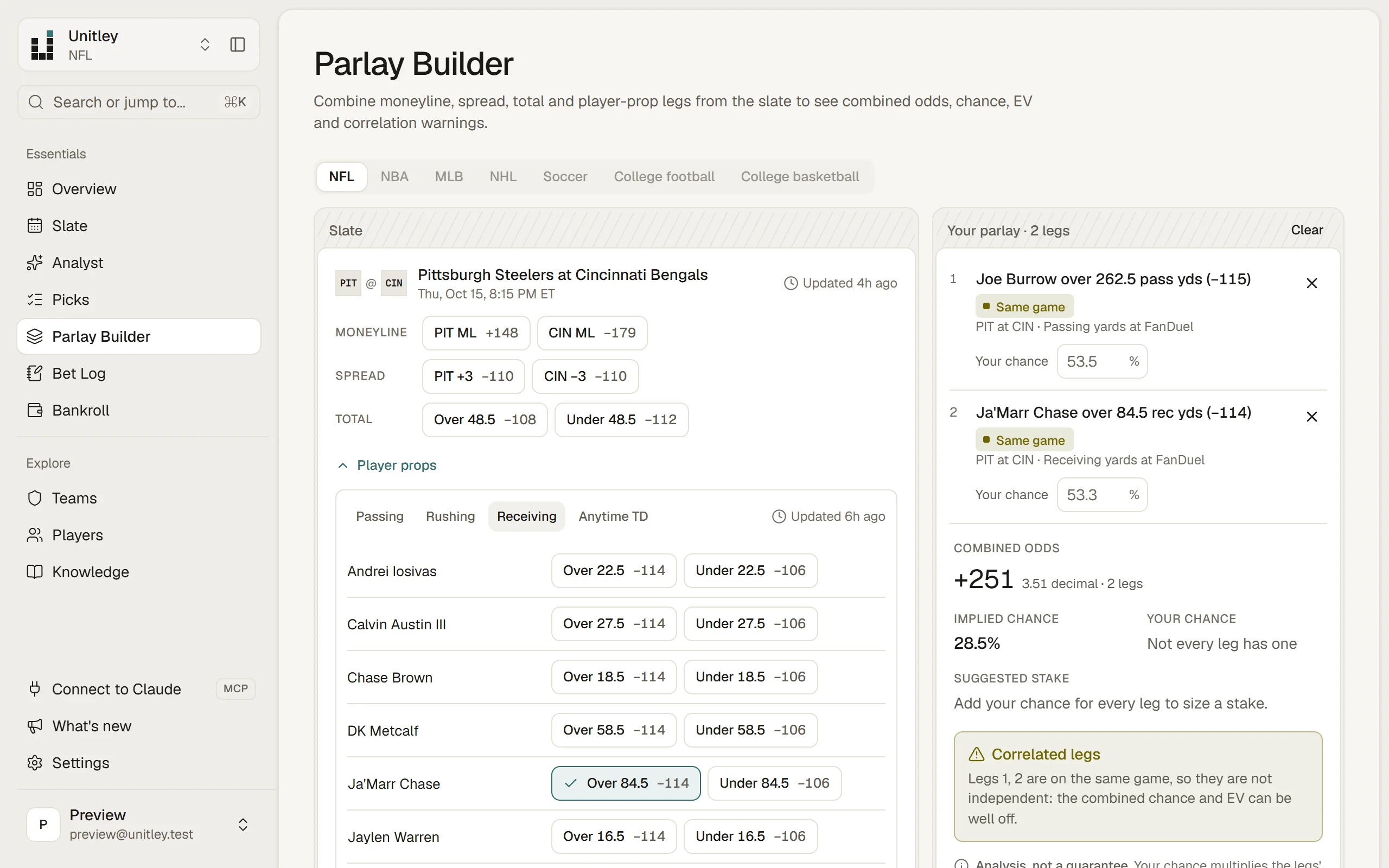 The Parlay Builder with two player-prop legs: combined odds, chance per leg and EV